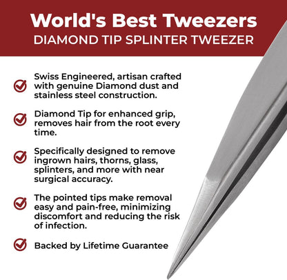 Professional Diamond Tip Splinter Tweezer - World's Best Tweezers, Silver Stainless Steel & Glass Avelisse