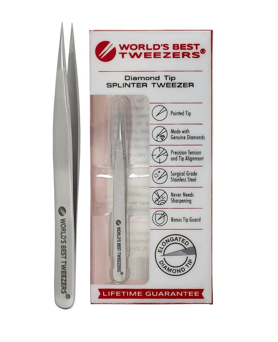 Professional Diamond Tip Splinter Tweezer - World's Best Tweezers, Silver Stainless Steel & Glass Avelisse