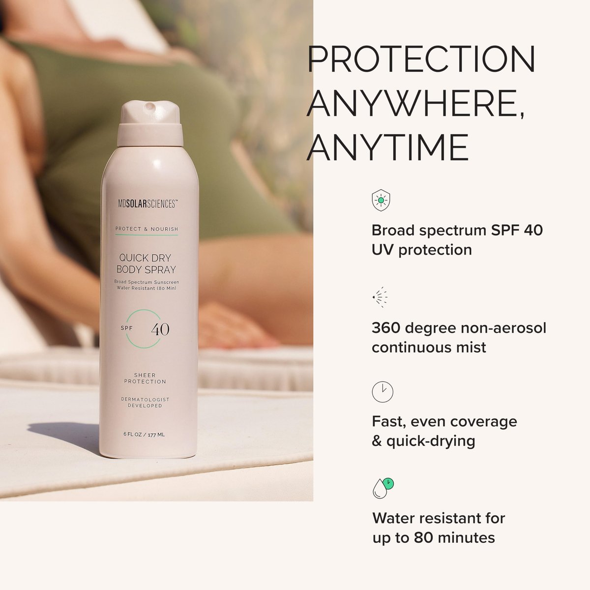 MDSolarSciences Quick Dry Body Spray SPF 40 – Water-Resistant Broad Spectrum Sunscreen with Indian Gooseberry, Vitamin C & Antioxidants, Non-Aerosol, Sensitive Skin Safe (6 Fl Oz) Avelisse