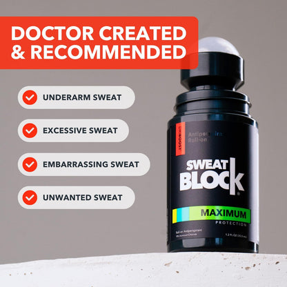 SweatBlock Maximum Strength Roll-On Antiperspirant for Men and Women - Hyperhidrosis & Odor Control - Blocks Excessive Sweat for Days - 1.2 FL OZ