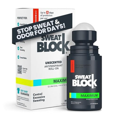 SweatBlock Maximum Strength Roll-On Antiperspirant for Men and Women - Hyperhidrosis & Odor Control - Blocks Excessive Sweat for Days - 1.2 FL OZ