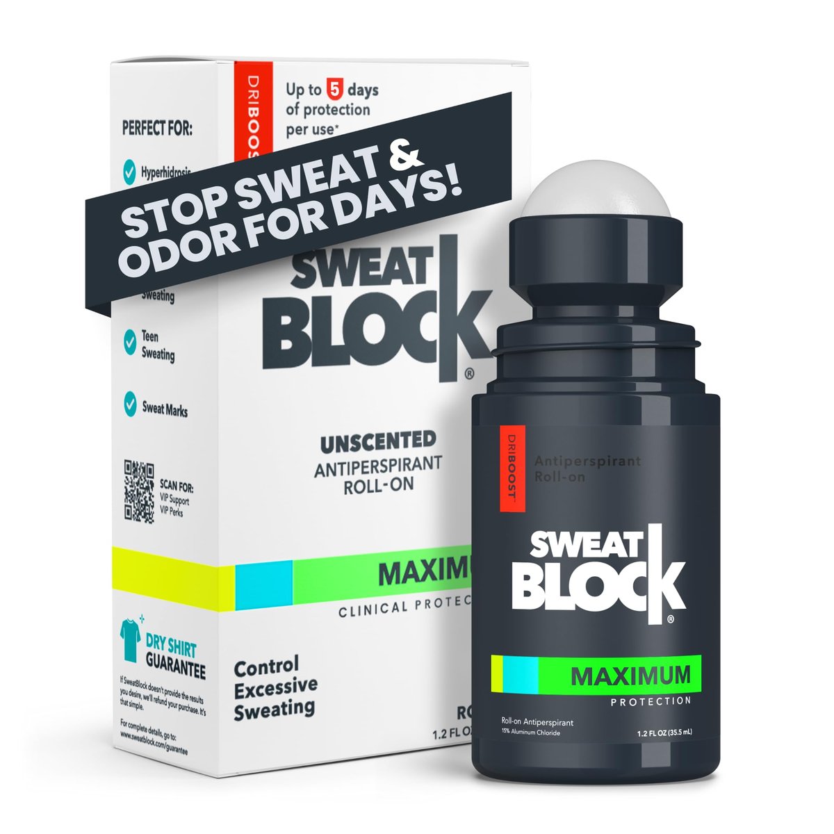 SweatBlock Maximum Strength Roll-On Antiperspirant for Men and Women - Hyperhidrosis & Odor Control - Blocks Excessive Sweat for Days - 1.2 FL OZ - görsel 2