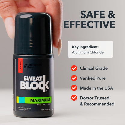 SweatBlock Maximum Strength Roll-On Antiperspirant for Men and Women - Hyperhidrosis & Odor Control - Blocks Excessive Sweat for Days - 1.2 FL OZ