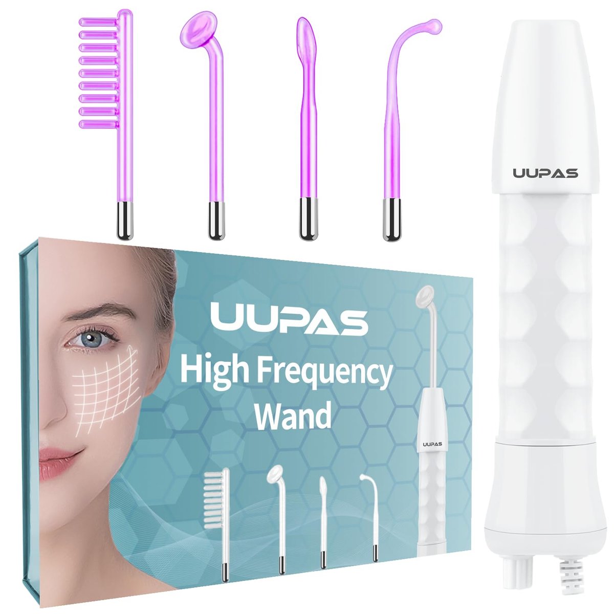 UUPAS Portable High Frequency Facial Wand with 4 Violet Glass Tubes – Skin Rejuvenation & Acne Treatment Avelisse