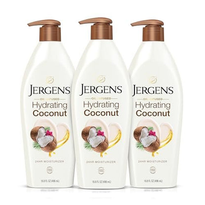 Jergens Hydrating Coconut Body Lotion – 3-Pack of 16.8 oz Bottles for Dry Skin Relief with Coconut Oil
