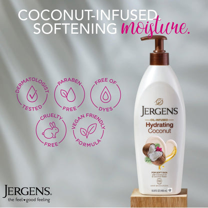 Jergens Hydrating Coconut Body Lotion – 3-Pack of 16.8 oz Bottles for Dry Skin Relief with Coconut Oil