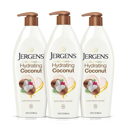 Jergens Hydrating Coconut Body Lotion – 3-Pack of 16.8 oz Bottles for Dry Skin Relief with Coconut Oil