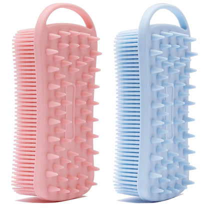 2-Pack Silicone Exfoliating Body Scrubber & Shampoo Brush - Soft Silicone Loofah for Sensitive Skin, Shower Body Brush & Scalp Massager, Easy to Clean, Lather Well (Pink & Blue)