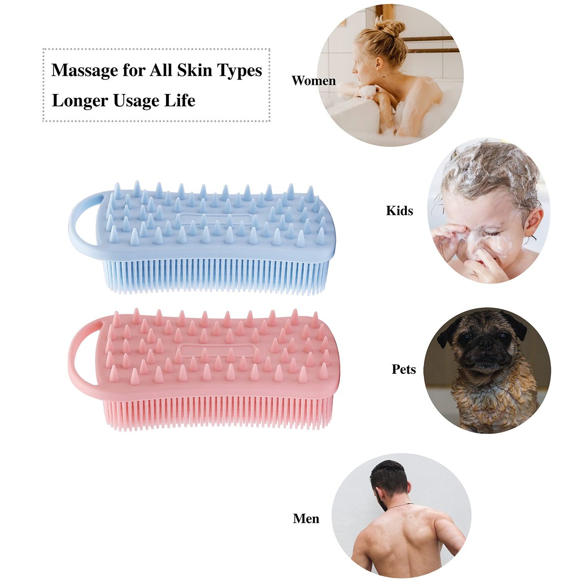 2-Pack Silicone Exfoliating Body Scrubber & Shampoo Brush - Soft Silicone Loofah for Sensitive Skin, Shower Body Brush & Scalp Massager, Easy to Clean, Lather Well (Pink & Blue) - görsel 7