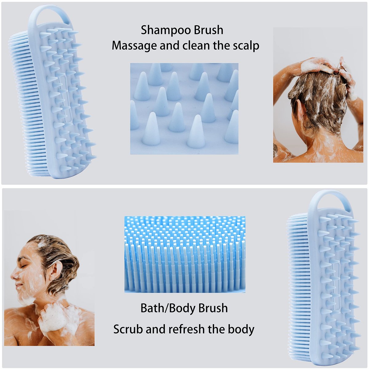 2-Pack Silicone Exfoliating Body Scrubber & Shampoo Brush - Soft Silicone Loofah for Sensitive Skin, Shower Body Brush & Scalp Massager, Easy to Clean, Lather Well (Pink & Blue) - görsel 5