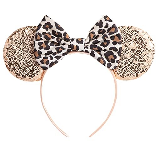 CHuangQi Mouse Ears Headband with Shiny Bow - Double-Sided Sequins Glitter Hair Band for Birthday Parties & Events (Champagne) Avelisse