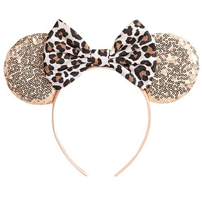 CHuangQi Mouse Ears Headband with Shiny Bow - Double-Sided Sequins Glitter Hair Band for Birthday Parties & Events (Champagne) Avelisse