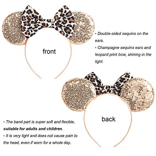 CHuangQi Mouse Ears Headband with Shiny Bow - Double-Sided Sequins Glitter Hair Band for Birthday Parties & Events (Champagne) Avelisse