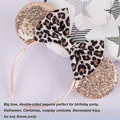 CHuangQi Mouse Ears Headband with Shiny Bow - Double-Sided Sequins Glitter Hair Band for Birthday Parties & Events (Champagne) Avelisse