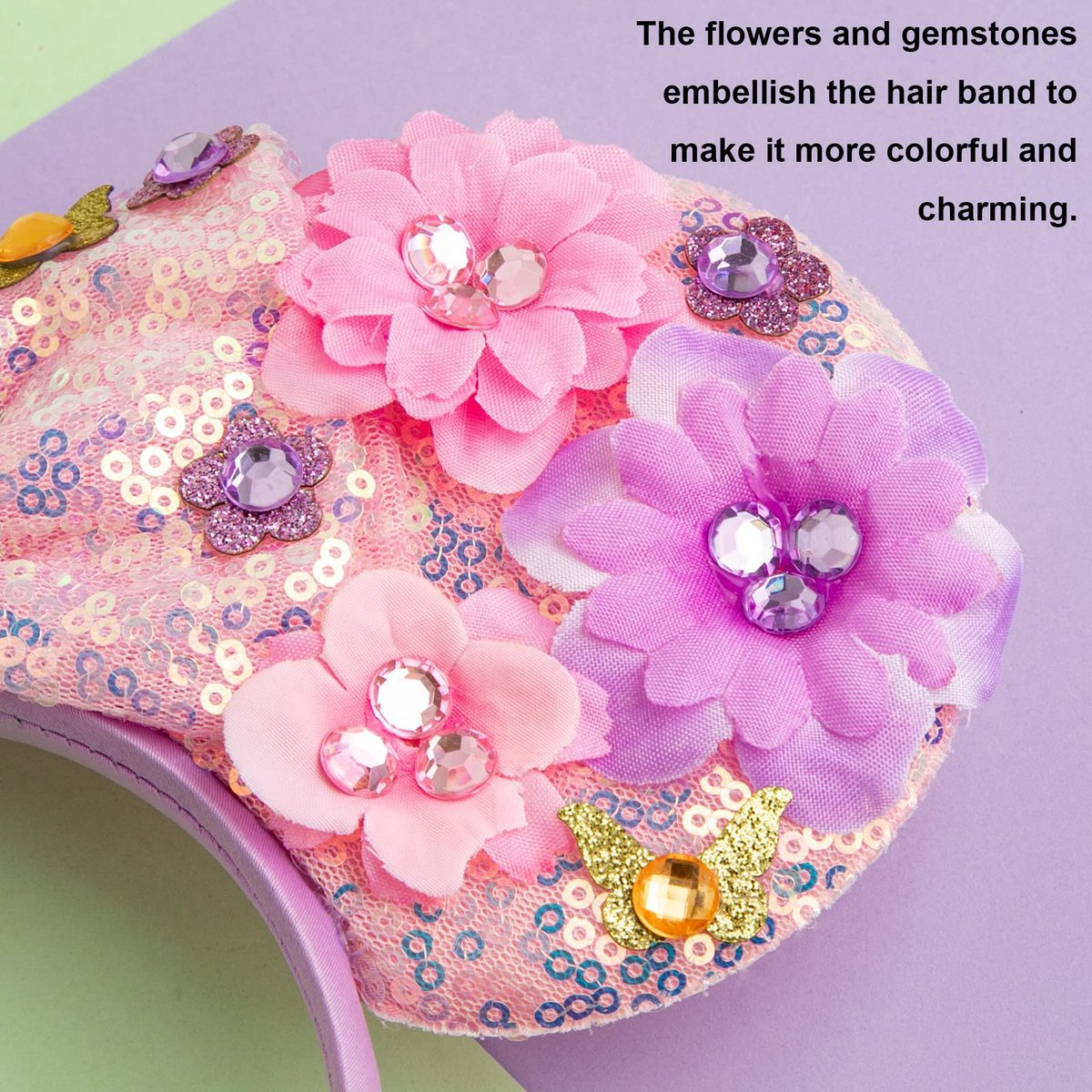 CHuangQi Mouse Ears Headband with Shiny Bow - Double-Sided Sequins Glitter Hair Band for Birthday Party Celebration or Event - görsel 9