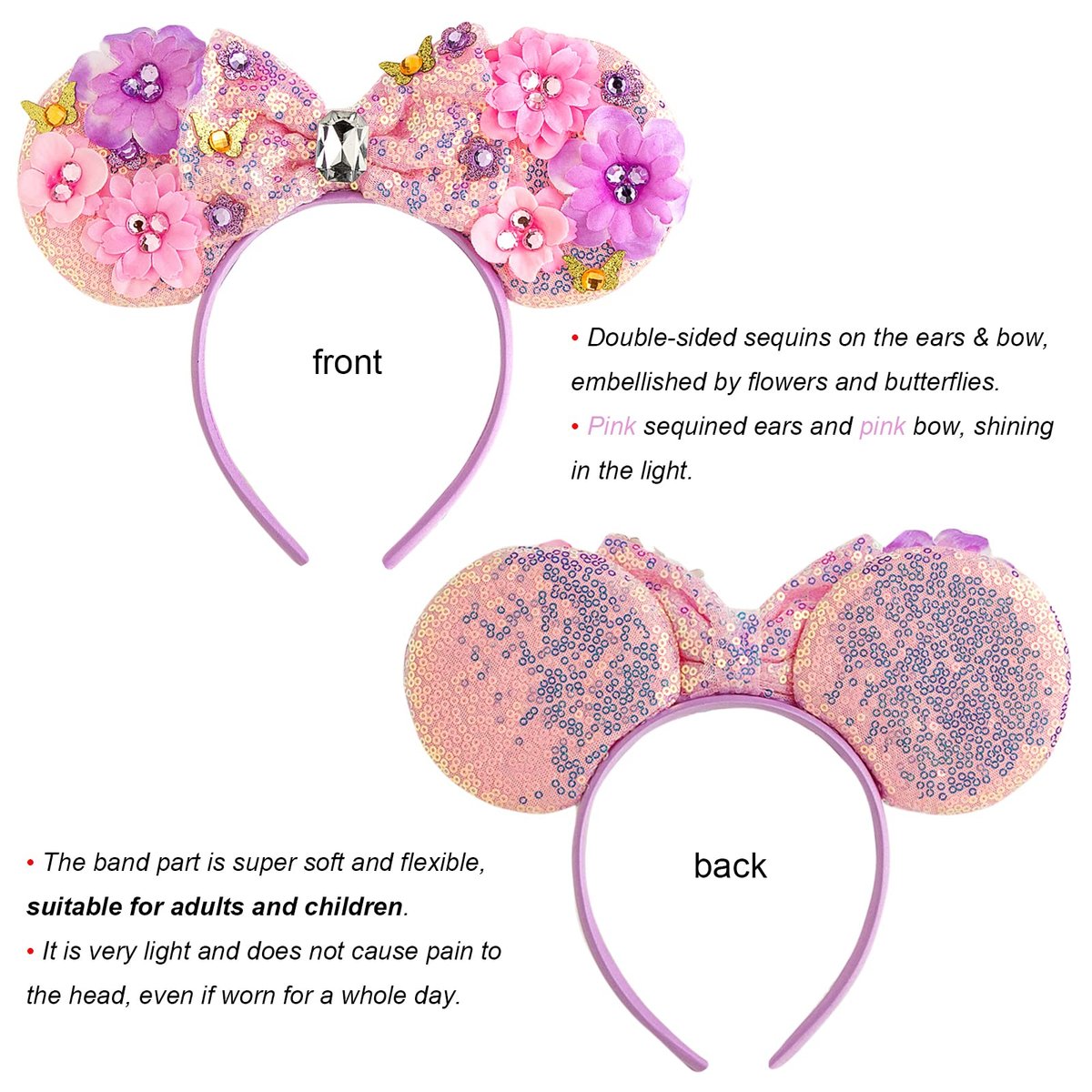 CHuangQi Mouse Ears Headband with Shiny Bow - Double-Sided Sequins Glitter Hair Band for Birthday Party Celebration or Event - görsel 3
