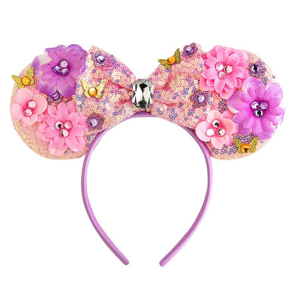 CHuangQi Mouse Ears Headband with Shiny Bow - Double-Sided Sequins Glitter Hair Band for Birthday Party Celebration or Event