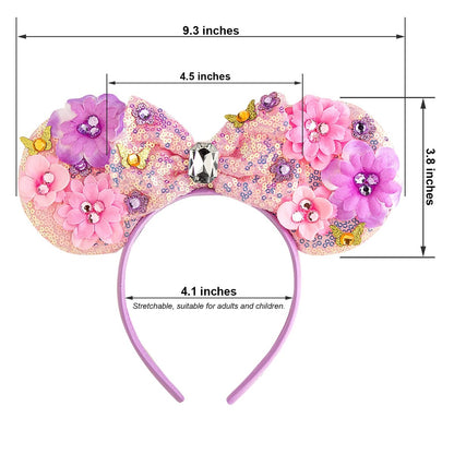 CHuangQi Mouse Ears Headband with Shiny Bow - Double-Sided Sequins Glitter Hair Band for Birthday Party Celebration or Event