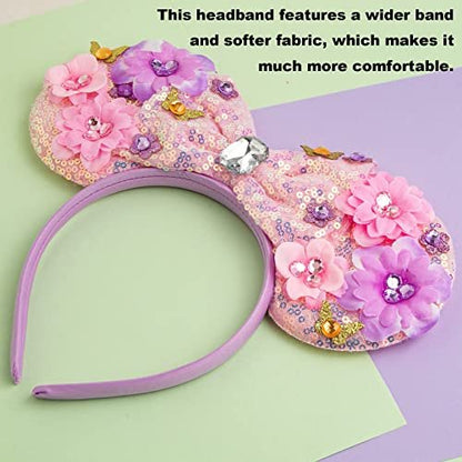 CHuangQi Mouse Ears Headband with Shiny Bow - Double-Sided Sequins Glitter Hair Band for Birthday Party Celebration or Event