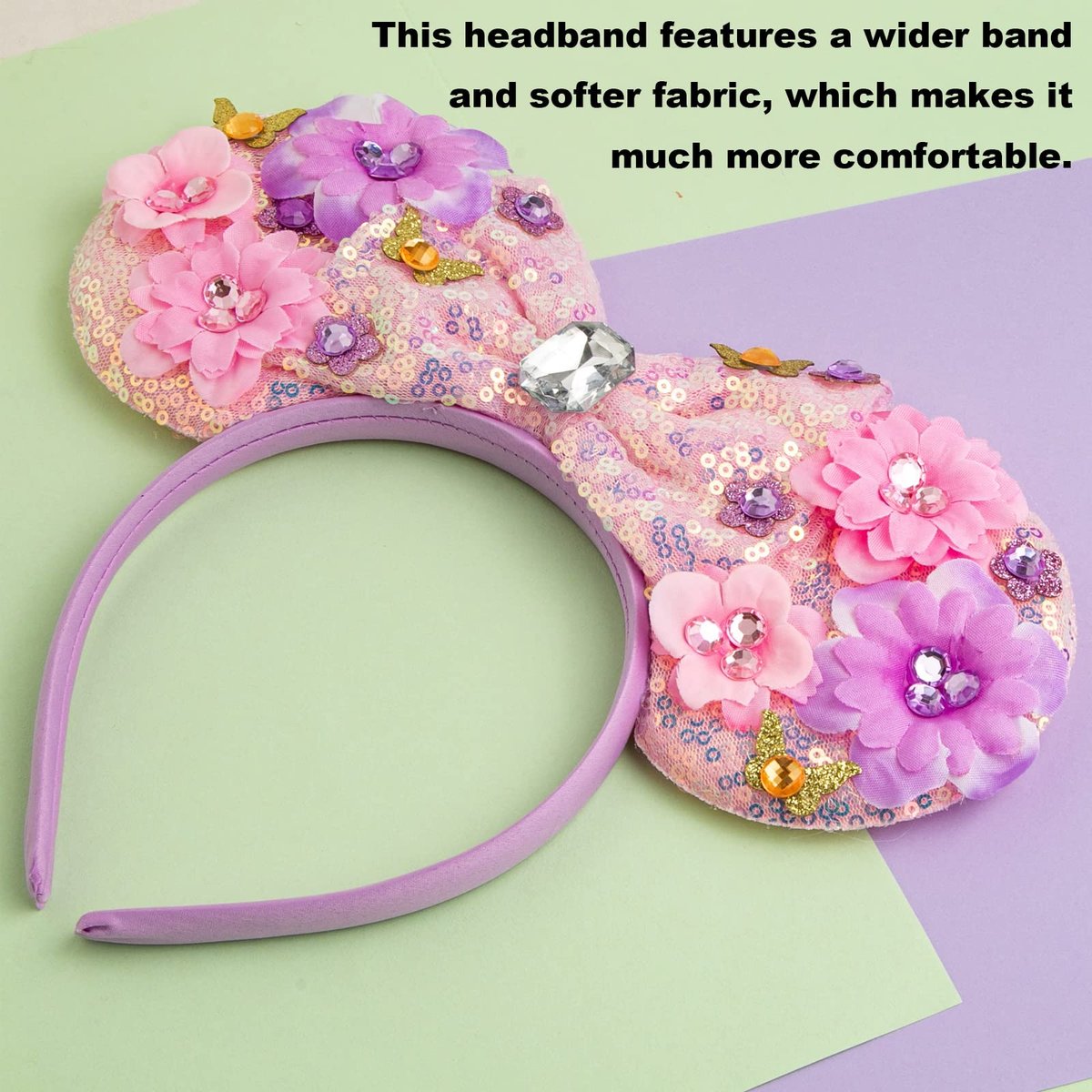CHuangQi Mouse Ears Headband with Shiny Bow - Double-Sided Sequins Glitter Hair Band for Birthday Party Celebration or Event - görsel 7
