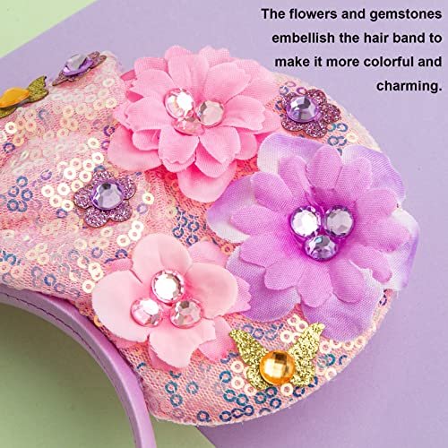 CHuangQi Mouse Ears Headband with Shiny Bow - Double-Sided Sequins Glitter Hair Band for Birthday Party Celebration or Event - görsel 10