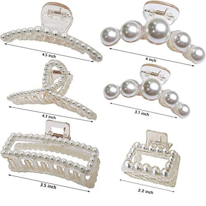 6 Pcs Pearl Hair Clips for Women - Large Claw Clips for Thin & Thick Hair - White Hair Claw Clips for Wedding Gift, Nonslip Hair Accessories for Women and Girls