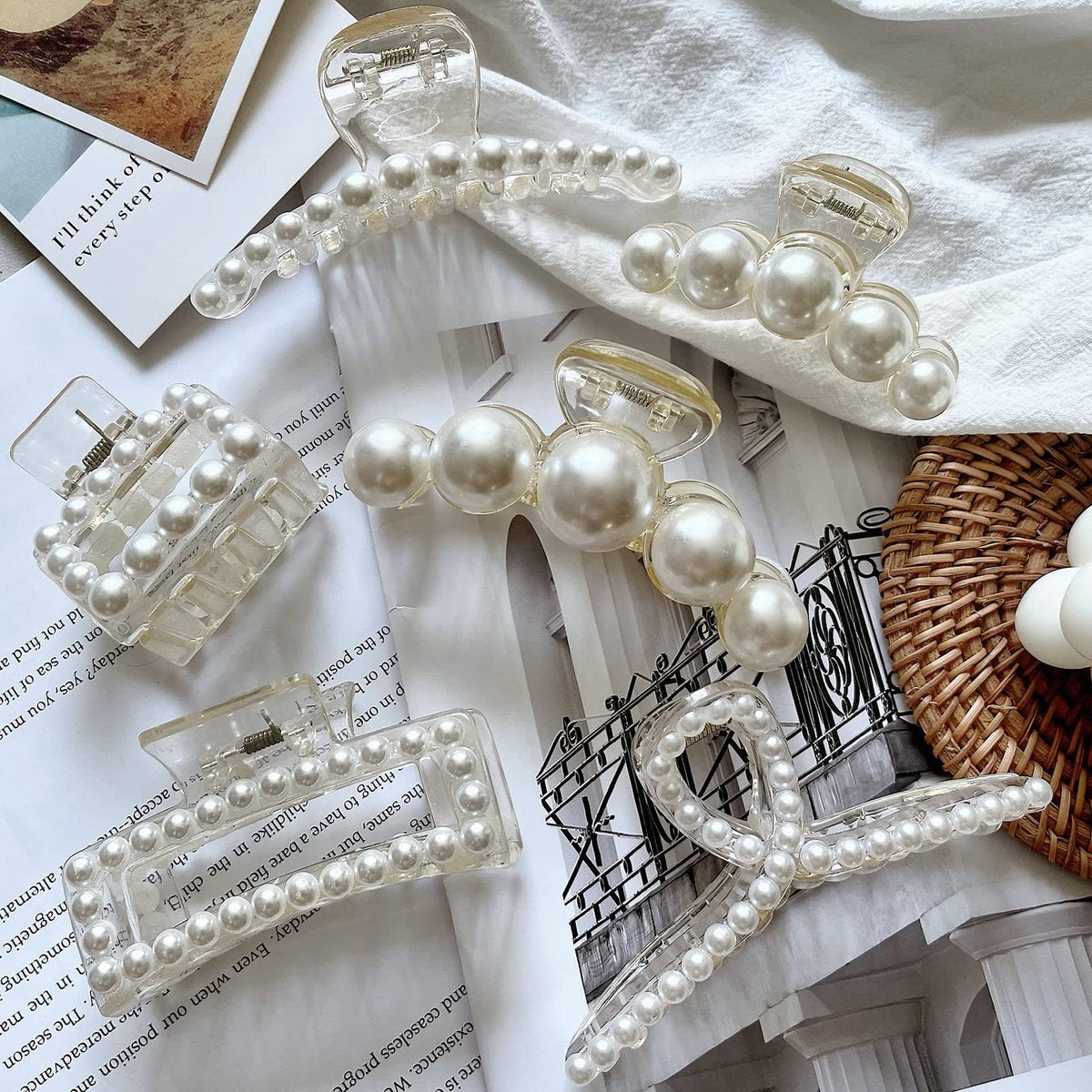 6 Pcs Pearl Hair Clips for Women - Large Claw Clips for Thin & Thick Hair - White Hair Claw Clips for Wedding Gift, Nonslip Hair Accessories for Women and Girls - görsel 9
