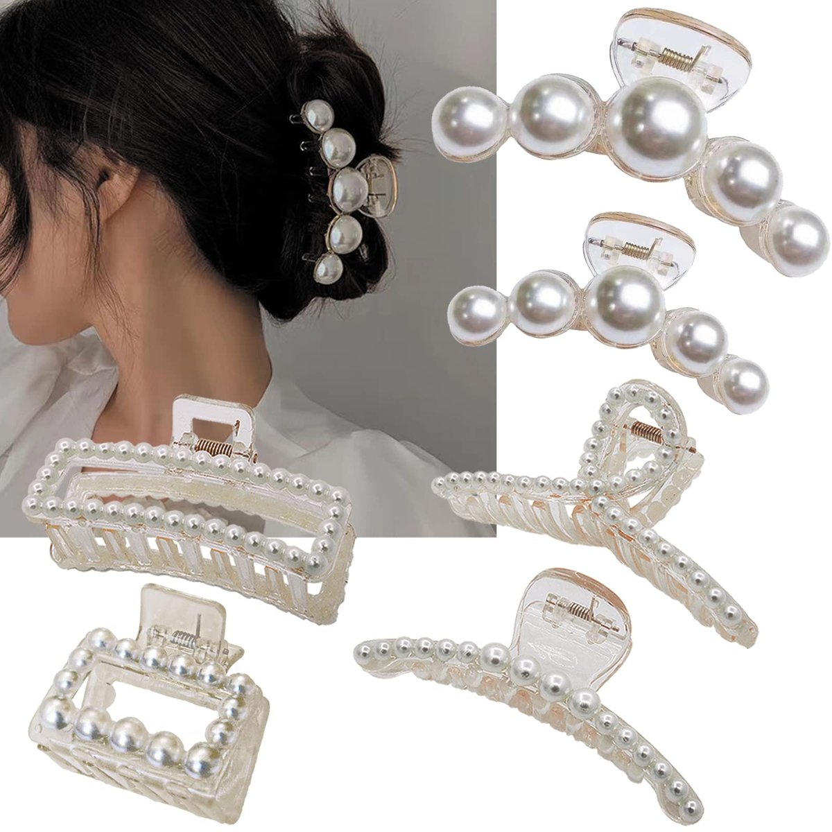6 Pcs Pearl Hair Clips for Women - Large Claw Clips for Thin & Thick Hair - White Hair Claw Clips for Wedding Gift, Nonslip Hair Accessories for Women and Girls - görsel 3