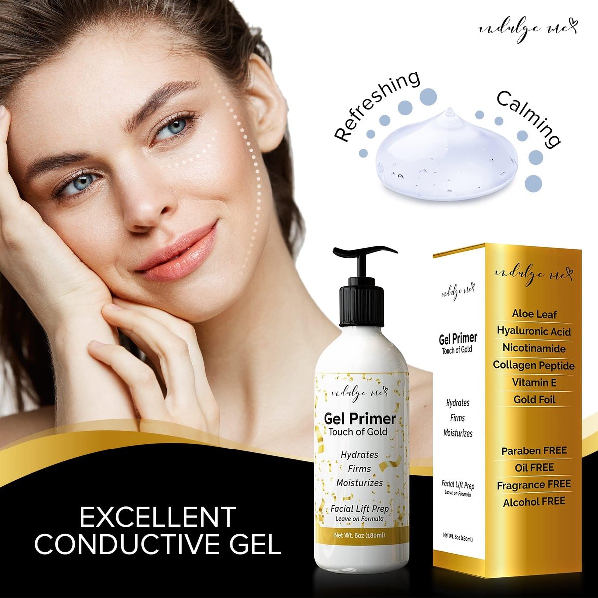 IndulgeMe Conductive Gel - Facial Hydrating Leave-On Gel Primer with Hyaluronic Acid, Collagen Peptide, Niacinamide, Vitamin E, Gold Foil - 6 Fl Oz Avelisse