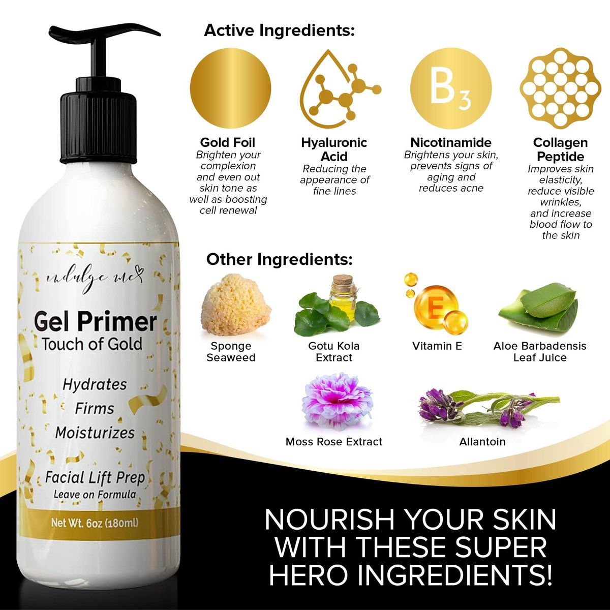 IndulgeMe Conductive Gel - Facial Hydrating Leave-On Gel Primer with Hyaluronic Acid, Collagen Peptide, Niacinamide, Vitamin E, Gold Foil - 6 Fl Oz Avelisse