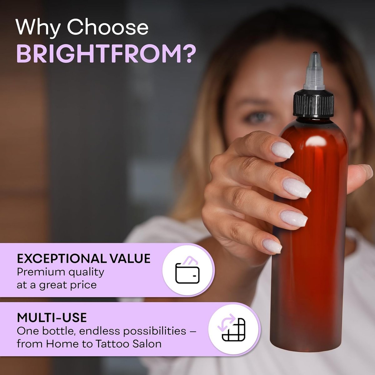 BRIGHTFROM Twist Top Applicator Bottles, 8 OZ, Squeeze Empty Plastic Bottles, Black Nozzle, BPA-Free, PET, Refillable, Open/Close Nozzle - Multi Purpose (Amber) - görsel 11