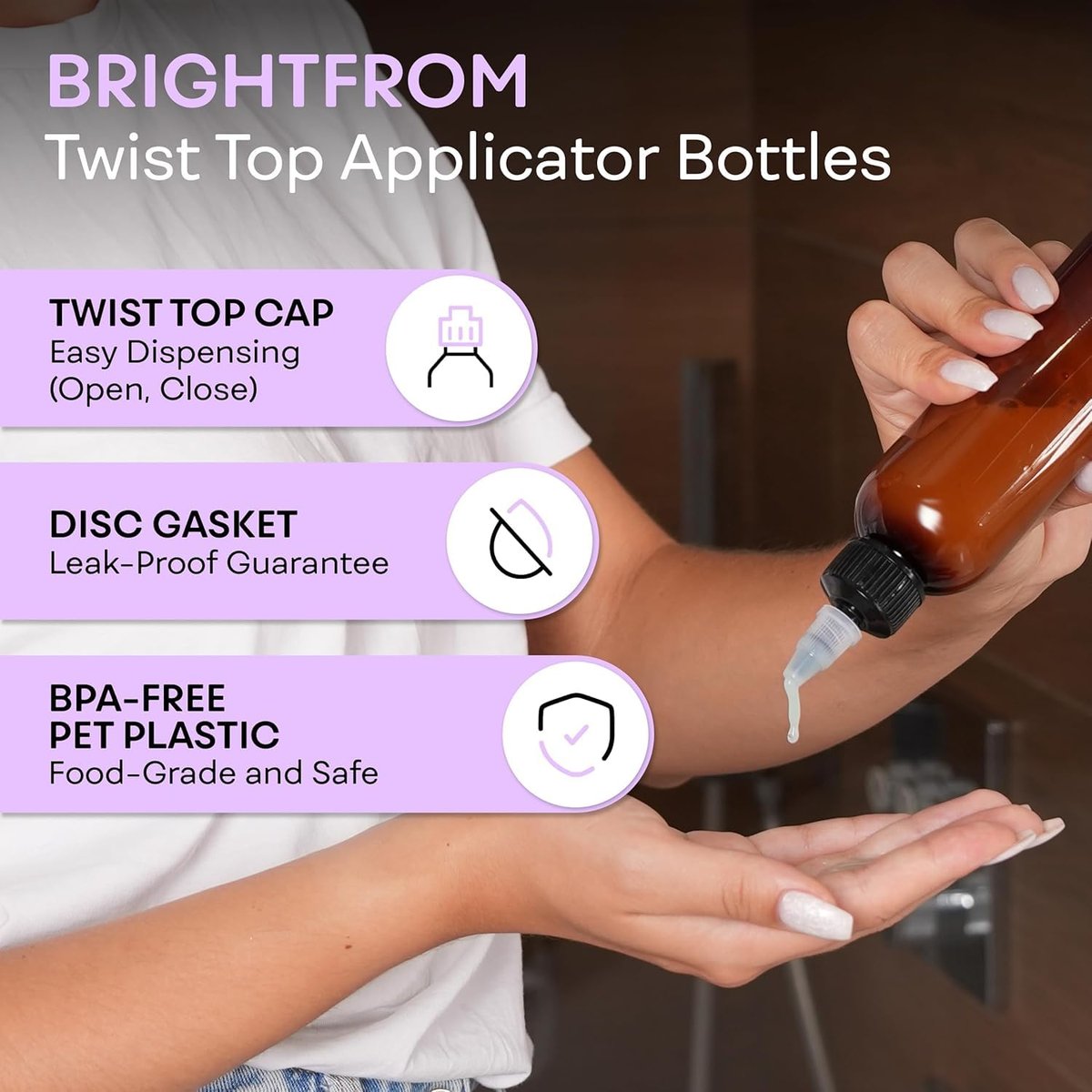 BRIGHTFROM Twist Top Applicator Bottles, 8 OZ, Squeeze Empty Plastic Bottles, Black Nozzle, BPA-Free, PET, Refillable, Open/Close Nozzle - Multi Purpose (Amber) - görsel 3