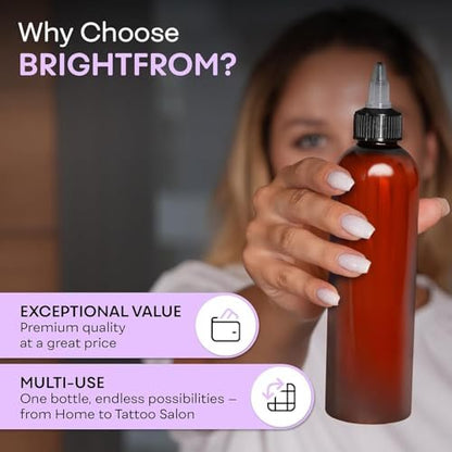 BRIGHTFROM Twist Top Applicator Bottles, 8 OZ, Squeeze Empty Plastic Bottles, Black Nozzle, BPA-Free, PET, Refillable, Open/Close Nozzle - Multi Purpose (Amber)