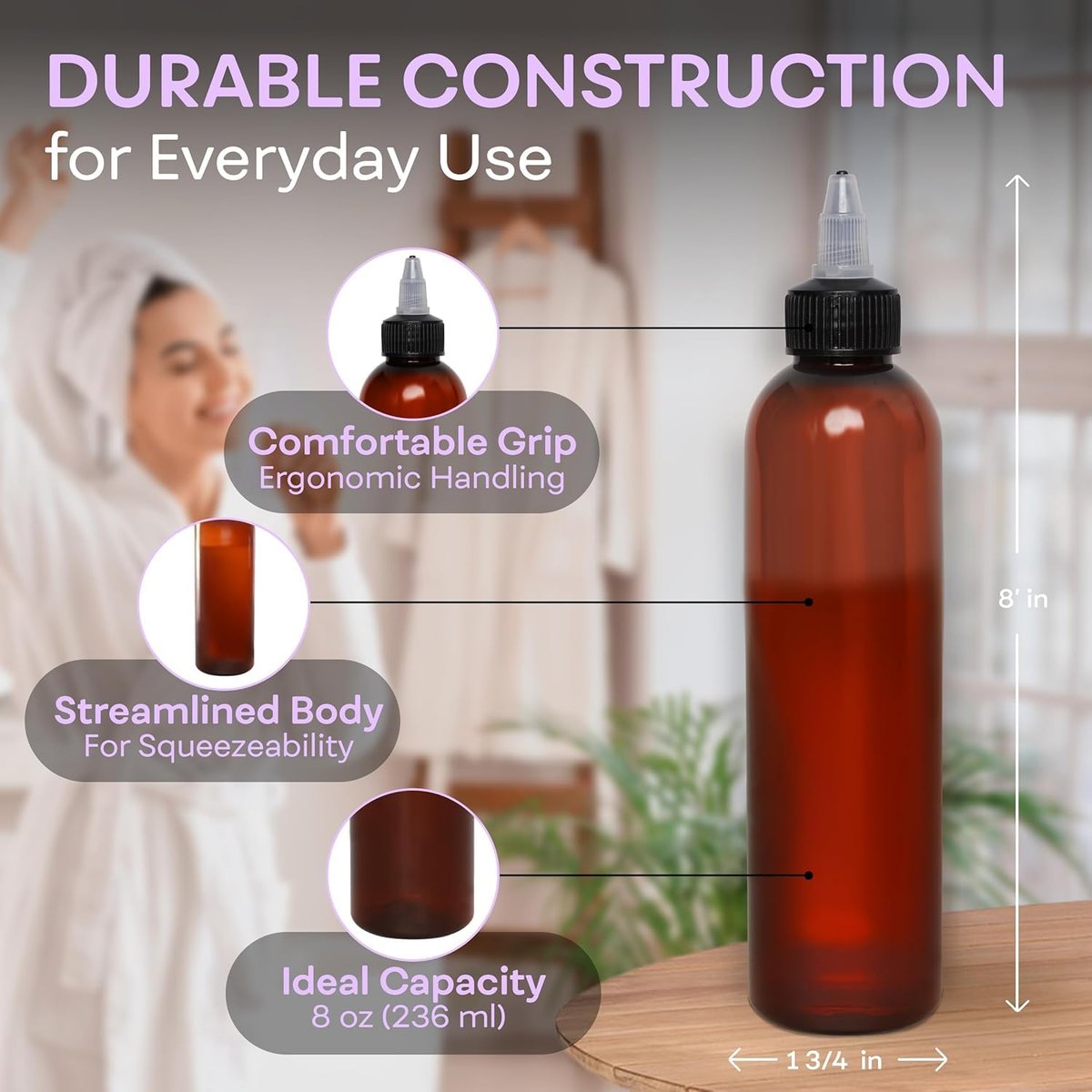 BRIGHTFROM Twist Top Applicator Bottles, 8 OZ, Squeeze Empty Plastic Bottles, Black Nozzle, BPA-Free, PET, Refillable, Open/Close Nozzle - Multi Purpose (Amber) - görsel 5