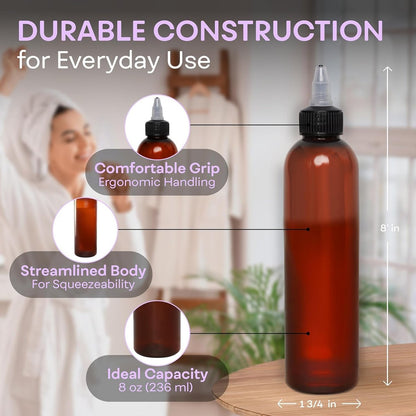 BRIGHTFROM Twist Top Applicator Bottles, 8 OZ, Squeeze Empty Plastic Bottles, Black Nozzle, BPA-Free, PET, Refillable, Open/Close Nozzle - Multi Purpose (Amber)