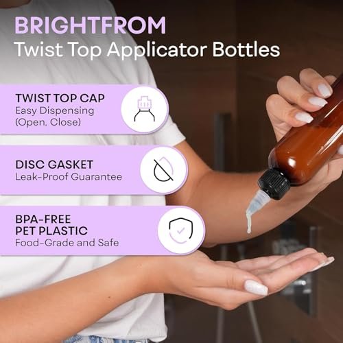 BRIGHTFROM Twist Top Applicator Bottles, 8 OZ, Squeeze Empty Plastic Bottles, Black Nozzle, BPA-Free, PET, Refillable, Open/Close Nozzle - Multi Purpose (Amber) - görsel 2