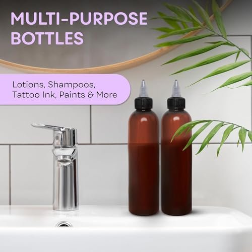 BRIGHTFROM Twist Top Applicator Bottles, 8 OZ, Squeeze Empty Plastic Bottles, Black Nozzle, BPA-Free, PET, Refillable, Open/Close Nozzle - Multi Purpose (Amber) - görsel 6