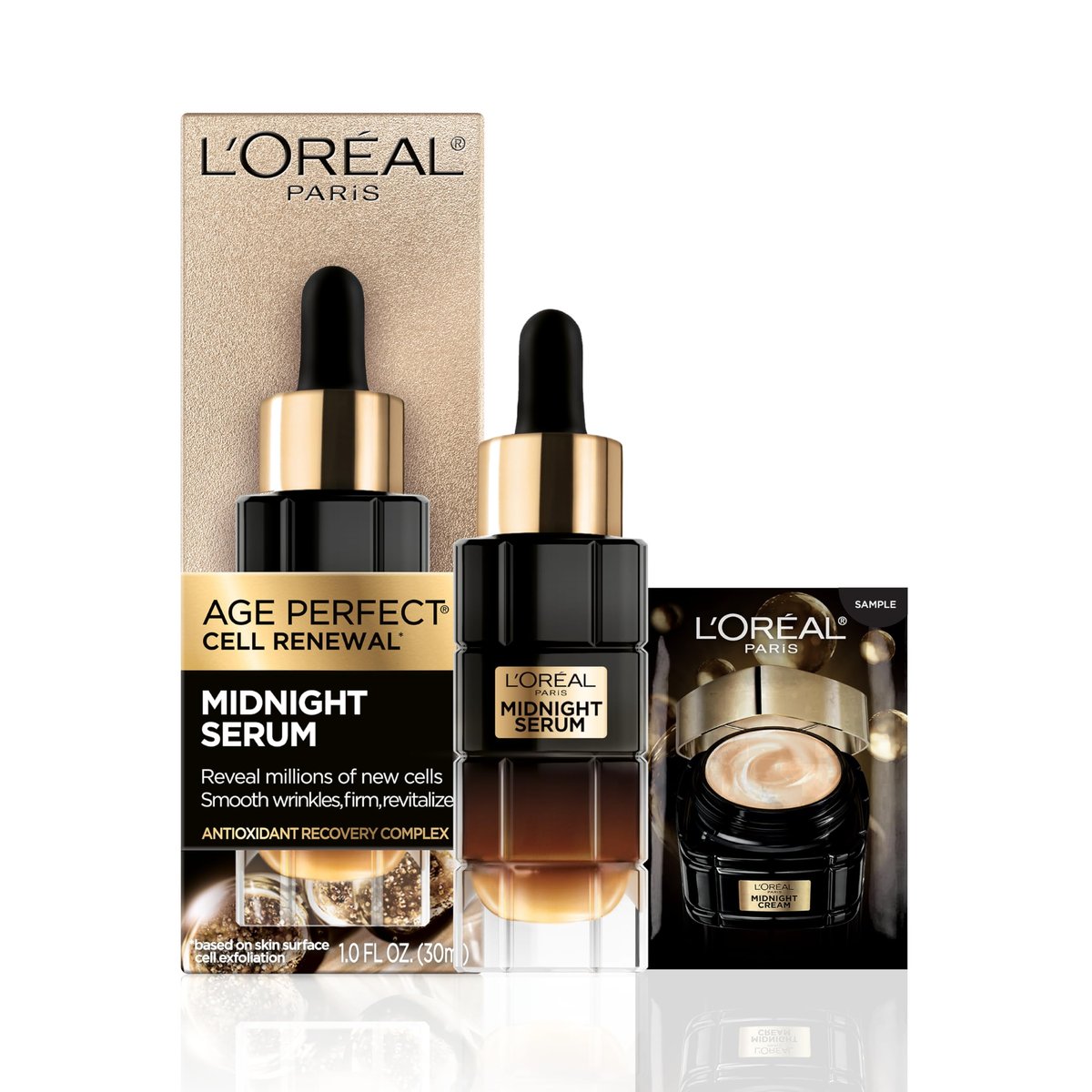 L'Oreal Paris Age Perfect Anti-Aging Midnight Face Serum – 1 oz with Eye Cream Sample Avelisse