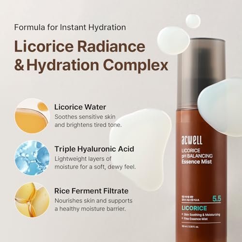 ACWELL Licorice pH Balancing Essence Hydrating Face Mist – Ultra-Fine Mist with Triple Hyaluronic Acid & Panthenol for Sensitive Skin, 3.38 fl oz Avelisse