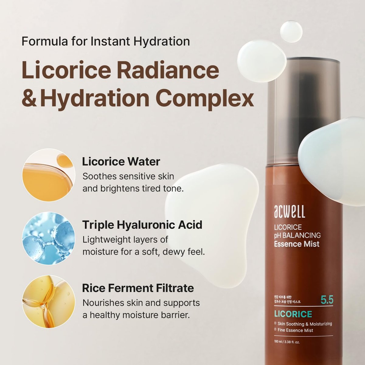 ACWELL Licorice pH Balancing Essence Hydrating Face Mist – Ultra-Fine Mist with Triple Hyaluronic Acid & Panthenol for Sensitive Skin, 3.38 fl oz Avelisse