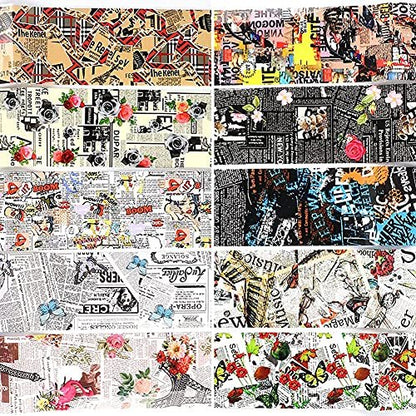 Retro Newspaper Nail Art Foil Transfer Stickers - 10-Pack Holographic Nail Decals with Flower, Butterfly, Letter & Punk Designs for Women's Manicure