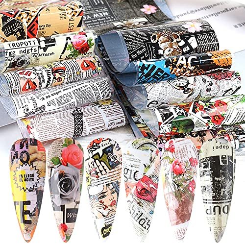 Retro Newspaper Nail Art Foil Transfer Stickers - 10-Pack Holographic Nail Decals with Flower, Butterfly, Letter & Punk Designs for Women's Manicure - görsel 2