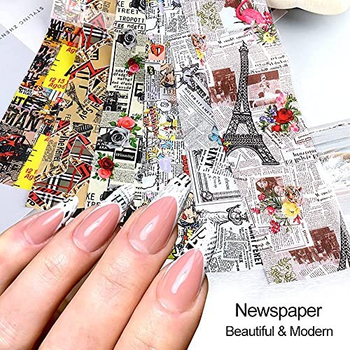 Retro Newspaper Nail Art Foil Transfer Stickers - 10-Pack Holographic Nail Decals with Flower, Butterfly, Letter & Punk Designs for Women's Manicure - görsel 8