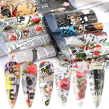 Retro Newspaper Nail Art Foil Transfer Stickers - 10-Pack Holographic Nail Decals with Flower, Butterfly, Letter & Punk Designs for Women's Manicure