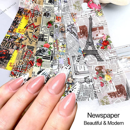 Retro Newspaper Nail Art Foil Transfer Stickers - 10-Pack Holographic Nail Decals with Flower, Butterfly, Letter & Punk Designs for Women's Manicure