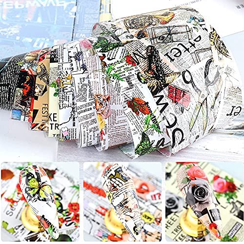 Retro Newspaper Nail Art Foil Transfer Stickers - 10-Pack Holographic Nail Decals with Flower, Butterfly, Letter & Punk Designs for Women's Manicure - görsel 4