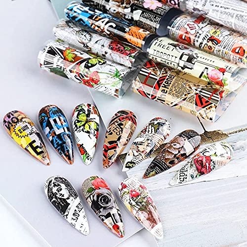 Retro Newspaper Nail Art Foil Transfer Stickers - 10-Pack Holographic Nail Decals with Flower, Butterfly, Letter & Punk Designs for Women's Manicure - görsel 10