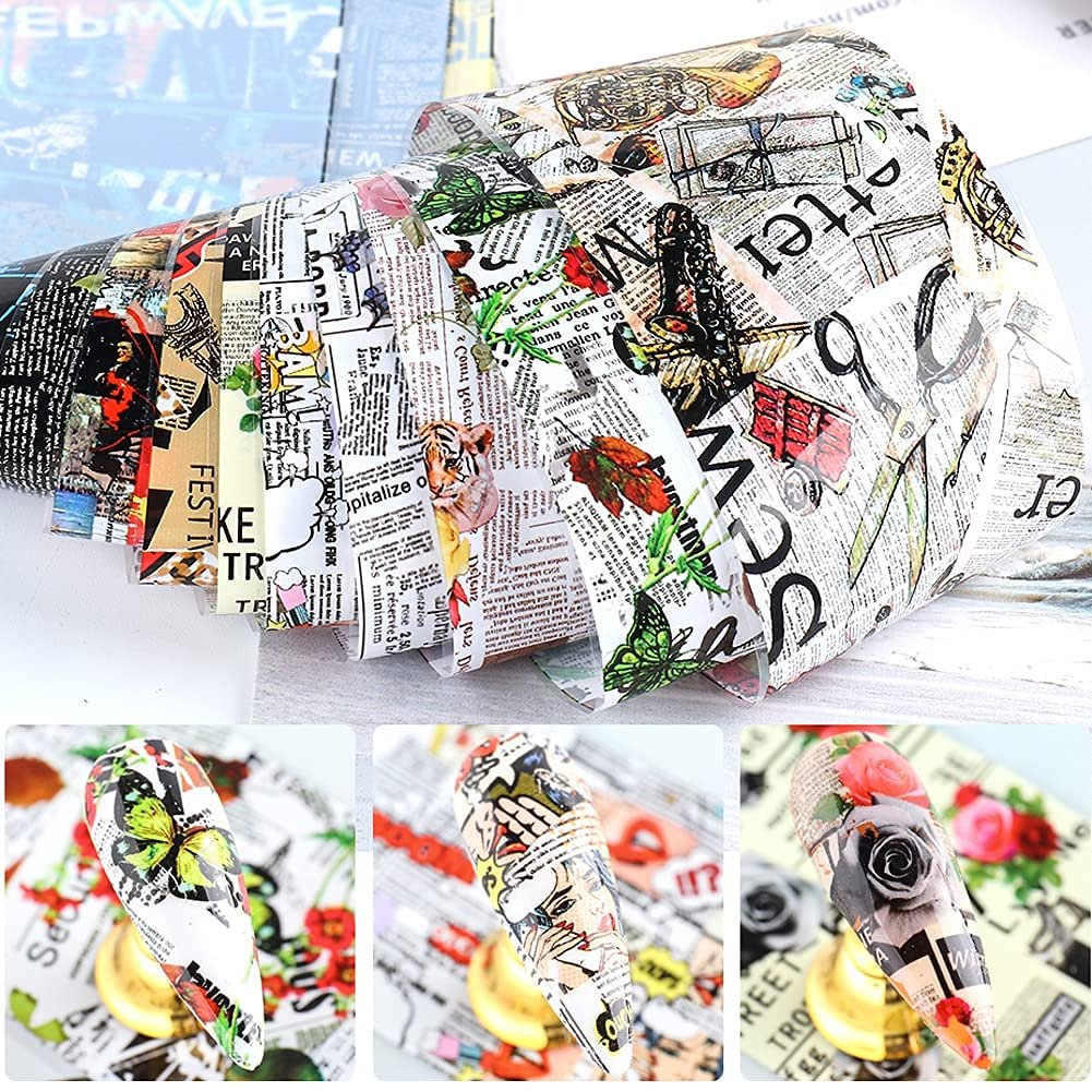 Retro Newspaper Nail Art Foil Transfer Stickers - 10-Pack Holographic Nail Decals with Flower, Butterfly, Letter & Punk Designs for Women's Manicure - görsel 3