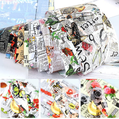 Retro Newspaper Nail Art Foil Transfer Stickers - 10-Pack Holographic Nail Decals with Flower, Butterfly, Letter & Punk Designs for Women's Manicure