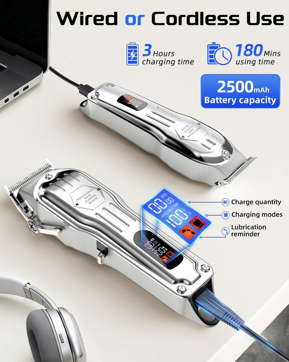 KIKIDO Professional Cordless Hair Clippers for Men - Wireless LCD Display Hair Trimming Kit, Rechargeable Haircut Machine for Family Use (Silver) Avelisse